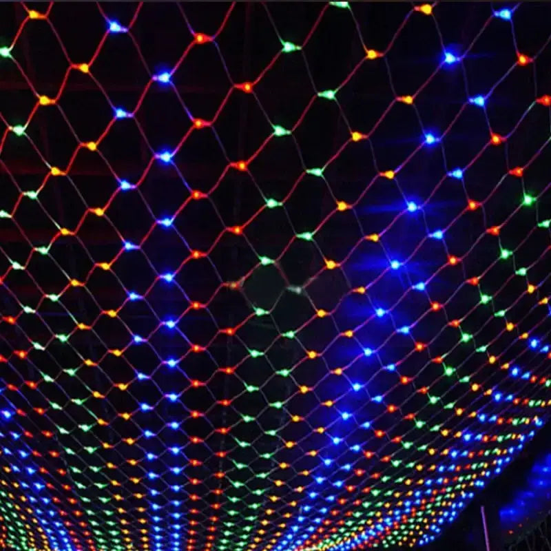 A colorful led light net with a diamond pattern, featuring vibrant red, blue, green, and orange lights strung along thin wires.