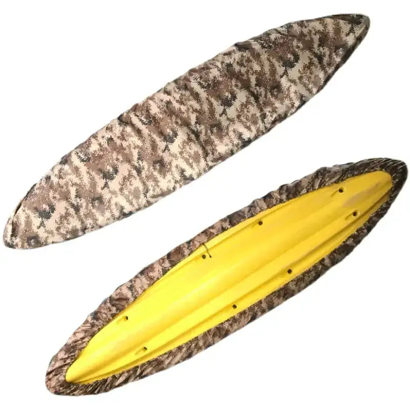 Camouflage-patterned kayak cover with a bright yellow interior lining.
