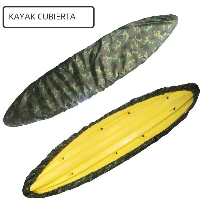 Camouflage-patterned kayak cover with a durable, water-resistant fabric design.