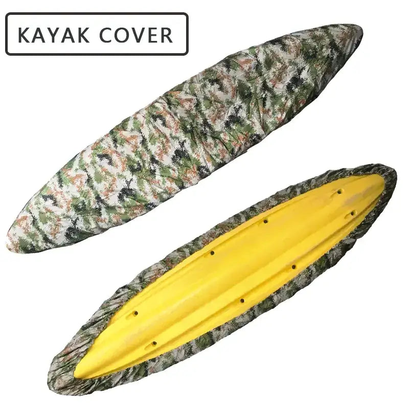 Camouflage-patterned kayak cover with a green, brown, and beige design.