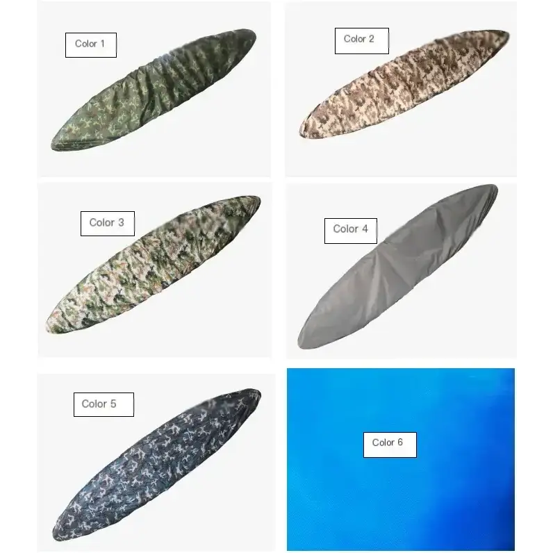Camouflage-patterned surfboard cover in six distinct color options, including solid gray and vibrant blue