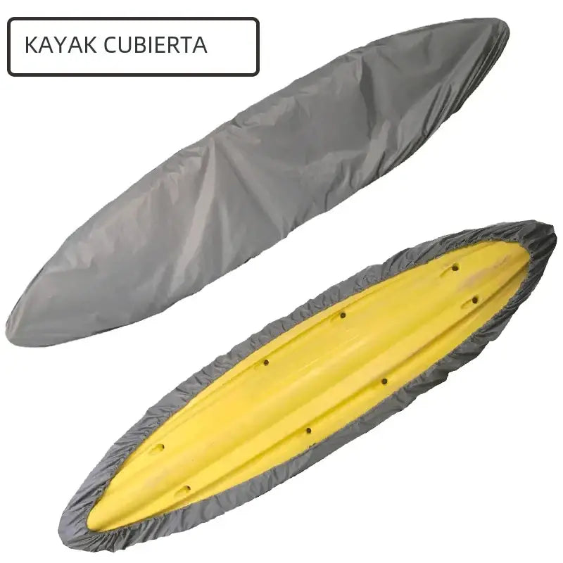 Gray waterproof kayak cover with elasticized edges, shown fitted over a yellow kayak.