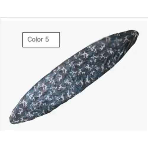 Dark blue camouflage-patterned fabric sleeping bag, labeled as ’color 5’’.