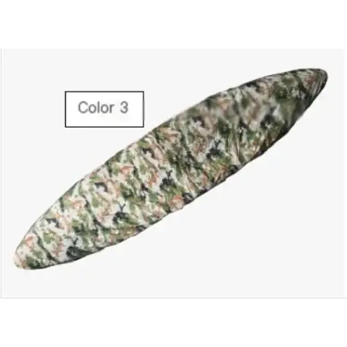 A camouflage-patterned, elongated sleeping bag in a muted green and brown color scheme.