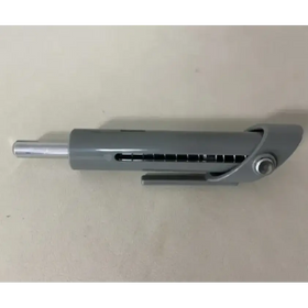 Gray plastic retractable pen with a metallic silver tip and clip.