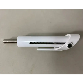 White plastic pen with a metallic silver tip and clip, featuring an integrated retractable mechanism.