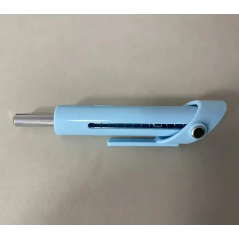Light blue plastic retractable ballpoint pen with a metallic silver tip and clip