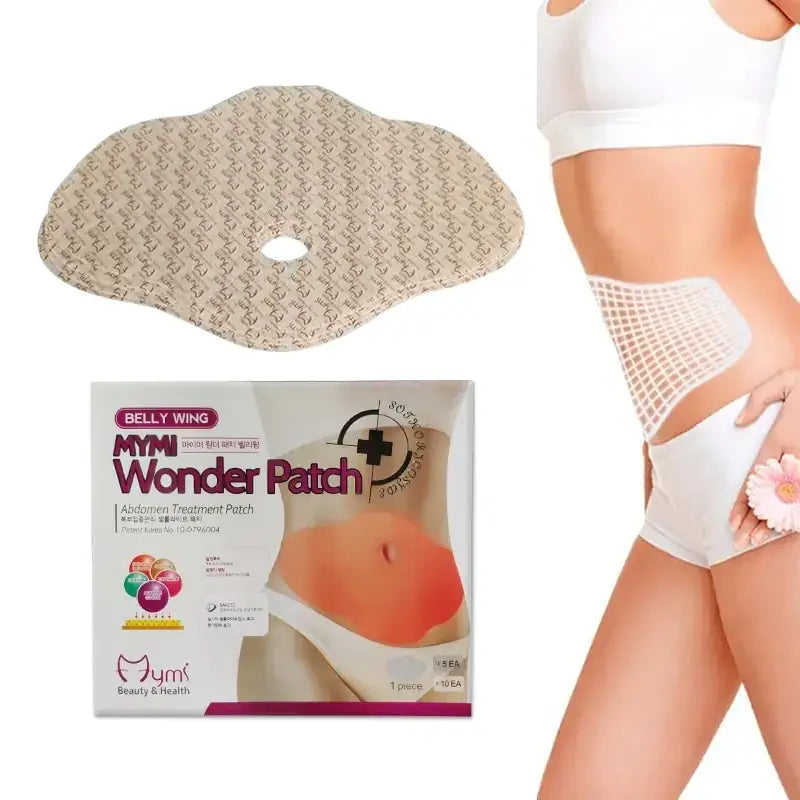 Beige patterned abdominal treatment patch with a central cutout, designed for belly wing reduction.