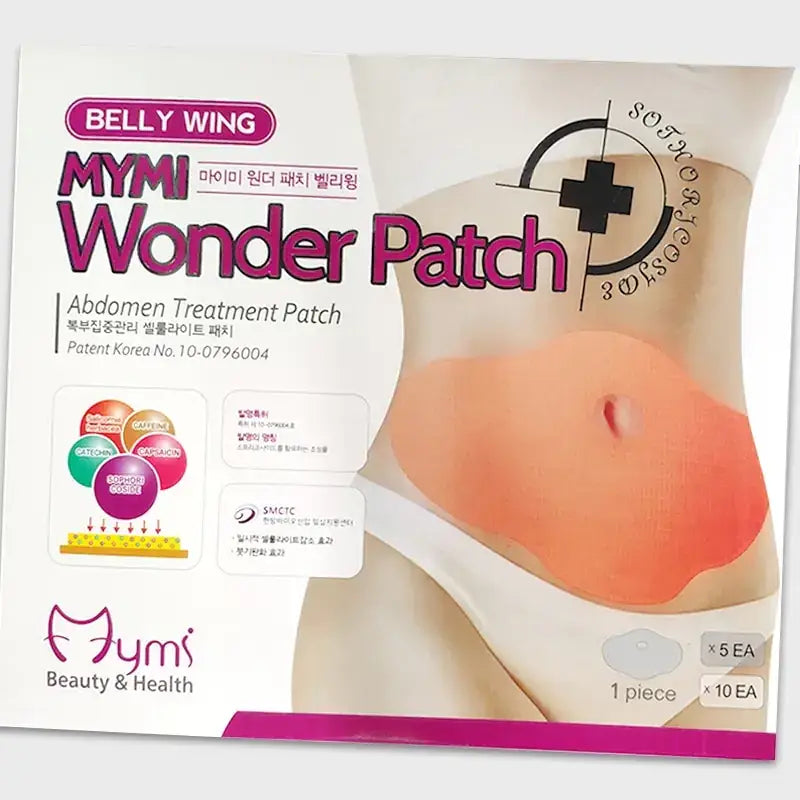 The mymi wonder patch is a soft, peach-colored adhesive patch designed for abdomen treatment.