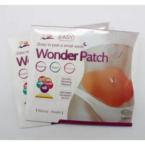 The wonder patch is a silicone abdominal treatment patch designed for slimming and beauty health, featuring an orange gel-like substance inside its transparent packaging.