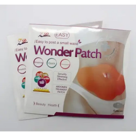 The wonder patch is a silicone abdominal treatment patch designed for slimming and beauty health, featuring an orange gel-like substance inside its transparent packaging.