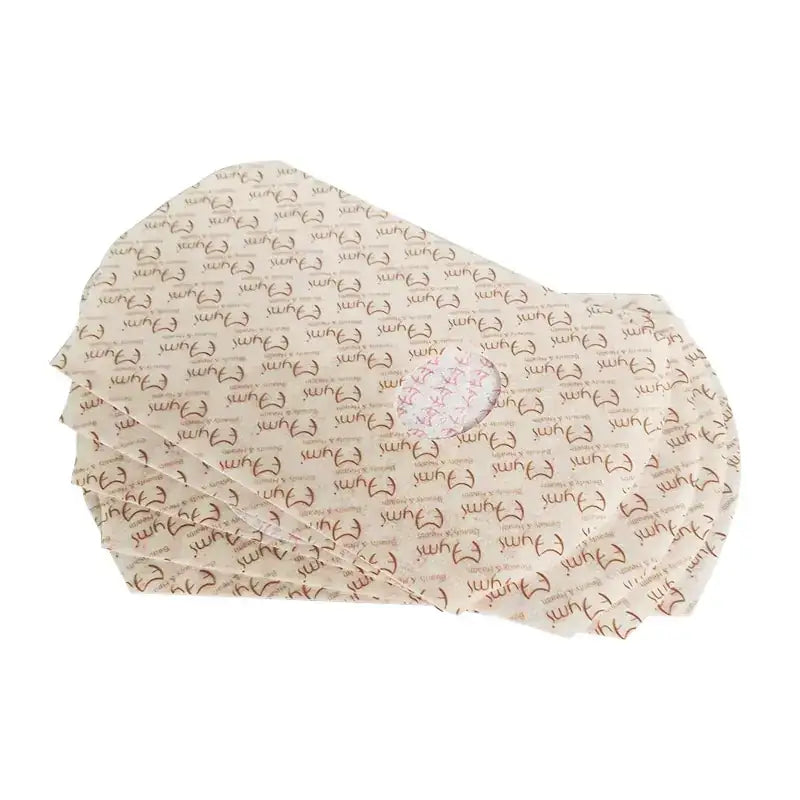 A stack of beige paper cups with a repeating brown logo pattern.