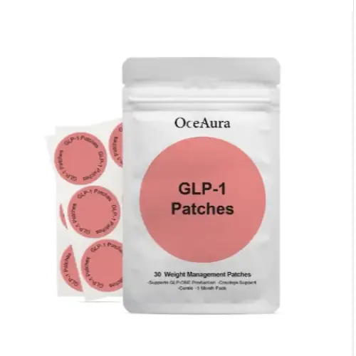 Oceaura brand pink circular glp-1 patches in a white resealable pouch.
