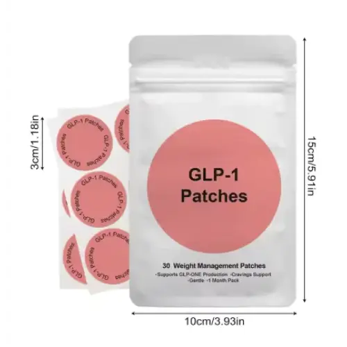 A white resealable pouch containing 30 pink circular glp-1 patches for weight management support.
