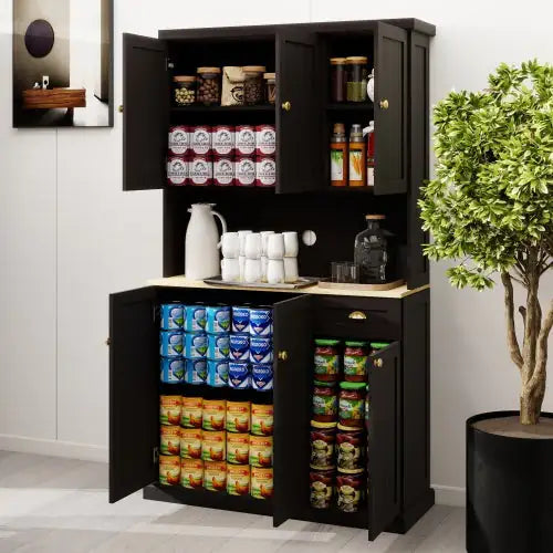 Kitchen Pantry Storage Cupboard With Microwave Countertop, Freestanding Cabinet With Adjustable Shelves, 6 Doors And 1 Drawer - Black