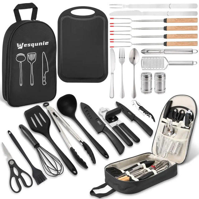 Black wesqunie brand portable kitchen tool set with stainless steel and black plastic utensils, spatulas, knives, forks, spoons, grilling tools, and a matching carrying case.