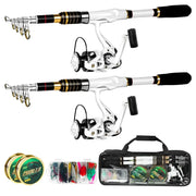 White and black telescopic fishing rod with gold accents, paired with matching white spinning reels.