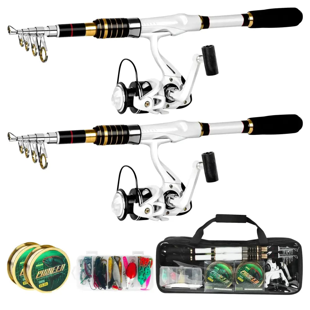 White and black telescopic fishing rod with gold accents, paired with matching white spinning reels.