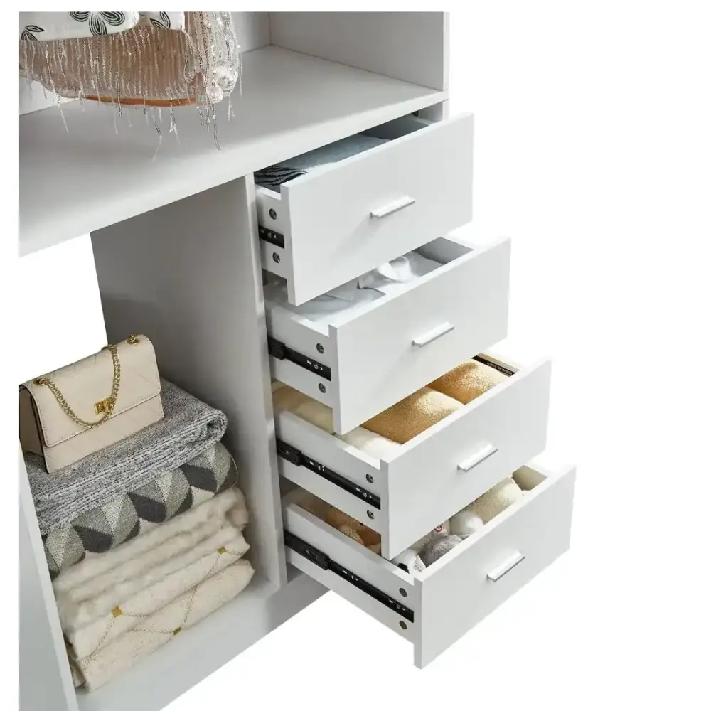 White Wood Closet System Storage Stand-Alone Wardrobe with 4 Drawers Closet Organizer Armoires and Wardrobeswith Hanging Rod 31.5"W x 15.7"D x 70.8"H