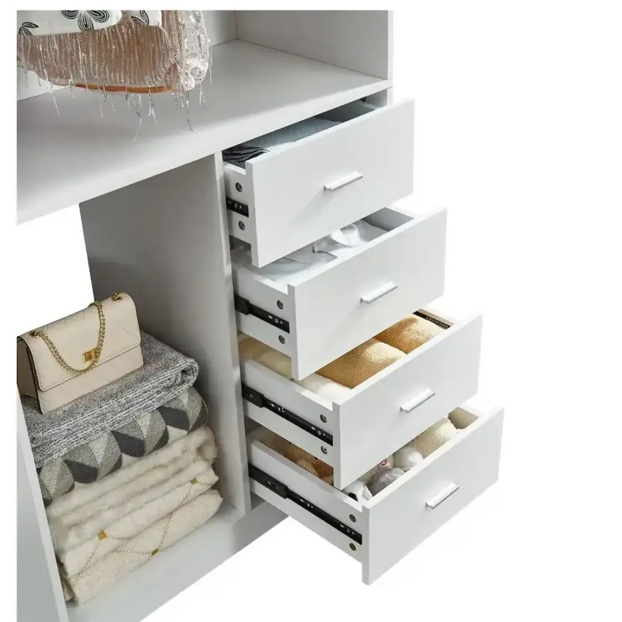 White Wood Closet System Storage Stand-Alone Wardrobe with 4 Drawers Closet Organizer Armoires and Wardrobeswith Hanging Rod 31.5"W x 15.7"D x 70.8"H