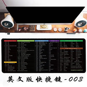 Black mousepad with colorful sections displaying english keyboard and software shortcuts.
