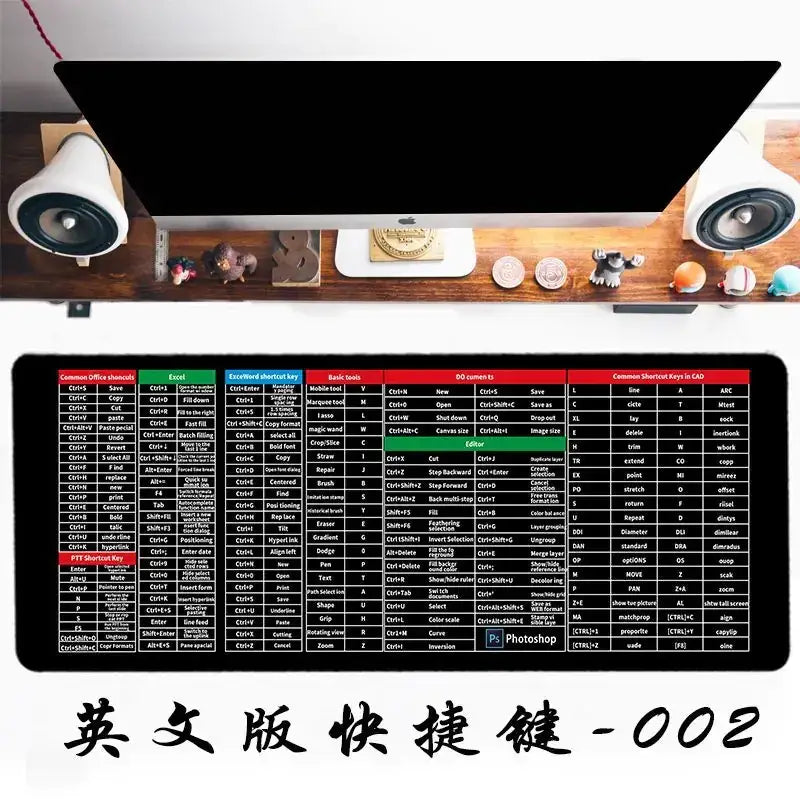Black rectangular mousepad with colorful text boxes displaying keyboard shortcuts for various software programs.