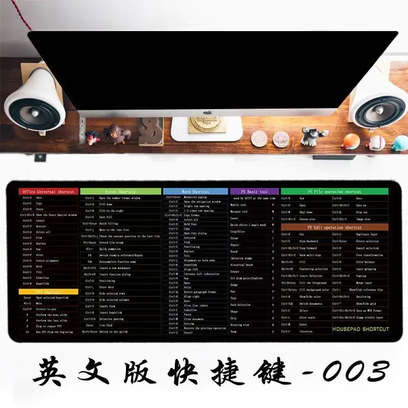 Black mousepad with colorful sections displaying english keyboard and software shortcuts.