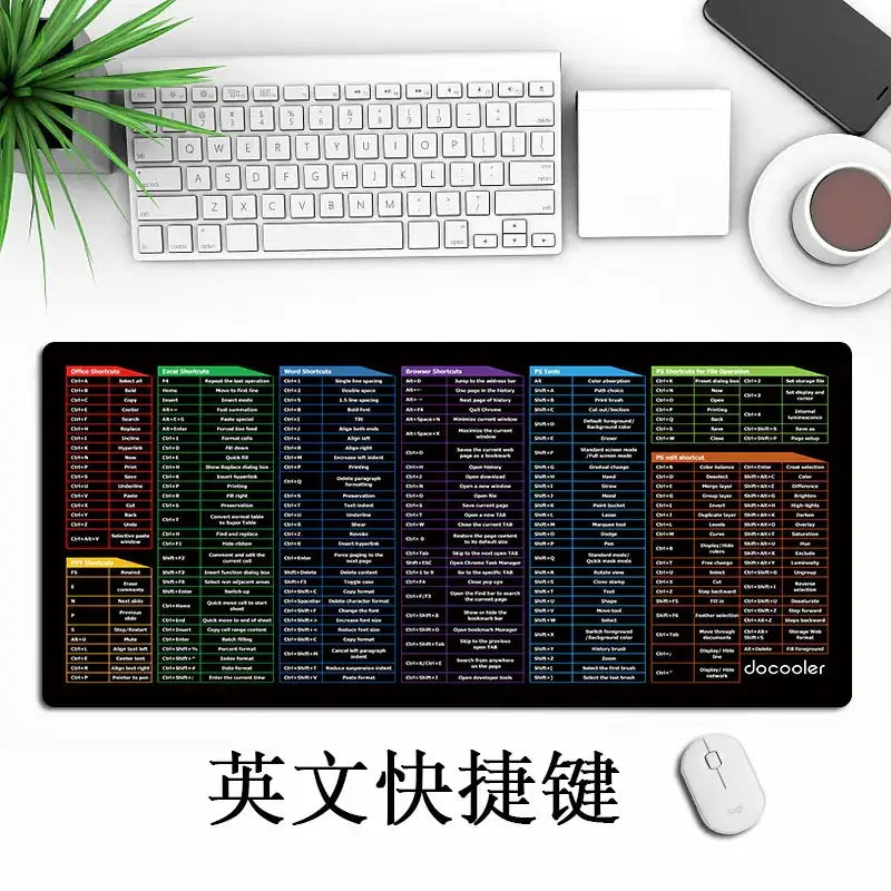 Black rectangular mousepad with colorful sections displaying english keyboard shortcut keys and the brand name ’docooler’ in white text at the bottom right corner.
