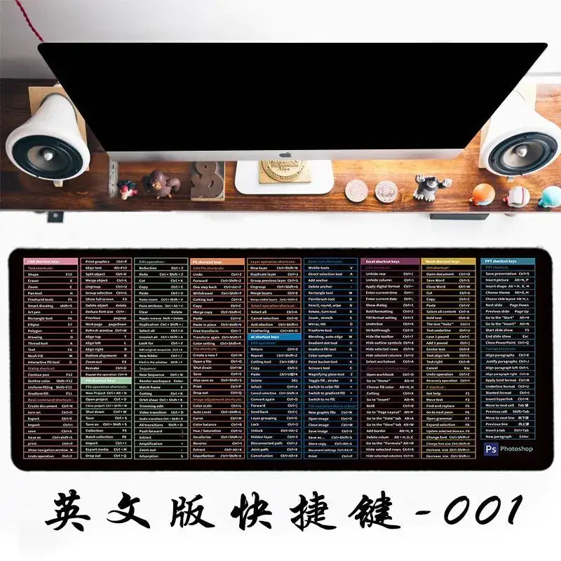 Black rectangular mousepad with colorful text sections displaying english keyboard shortcuts for adobe photoshop.