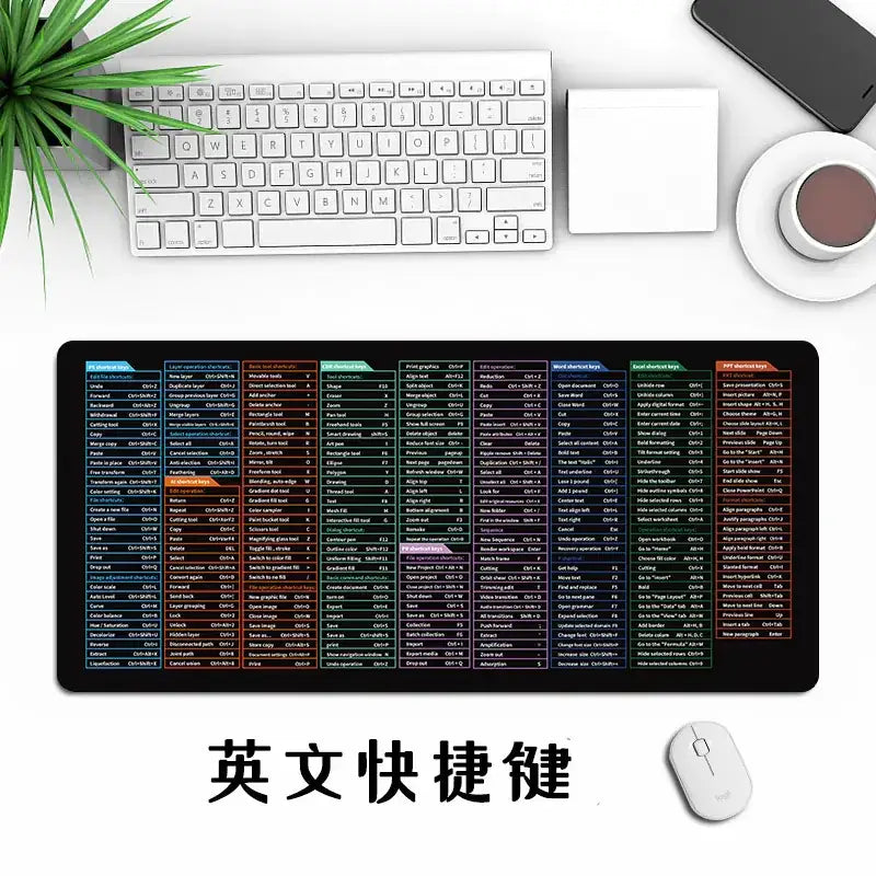 Black rectangular mousepad with colorful sections displaying english keyboard shortcut keys in white, orange, and purple text.