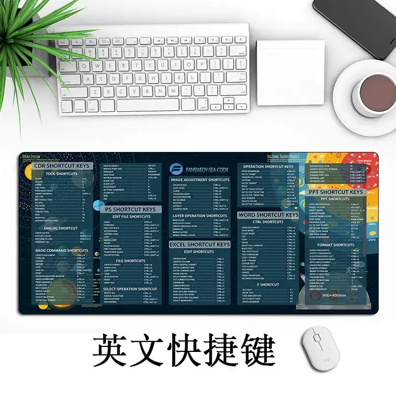 Black and blue graphic mousepad featuring shortcut keys for various software programs.