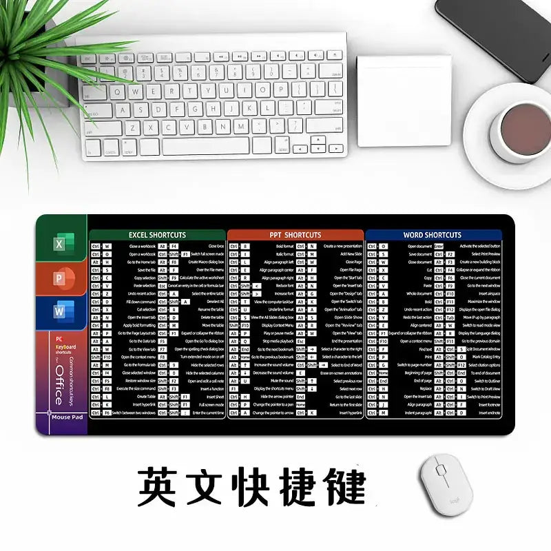 Black rectangular mouse pad with colorful sections for excel, ppt, and word shortcuts featuring white text on a dark background.