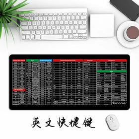 Black rectangular mousepad with white and colored text detailing keyboard shortcuts for various software programs.