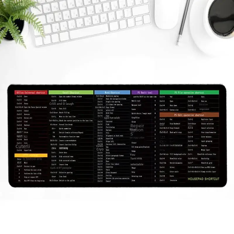 Black mousepad with colorful sections displaying various keyboard and photoshop shortcuts in white text.