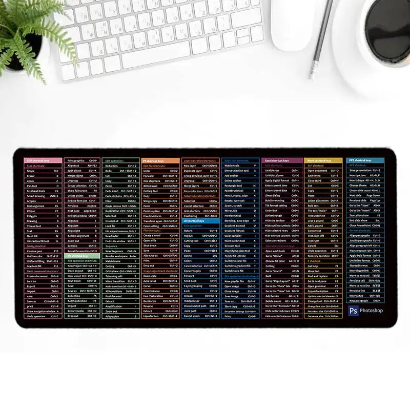 Black rectangular mousepad featuring a detailed grid of photoshop keyboard shortcuts in multiple colors.