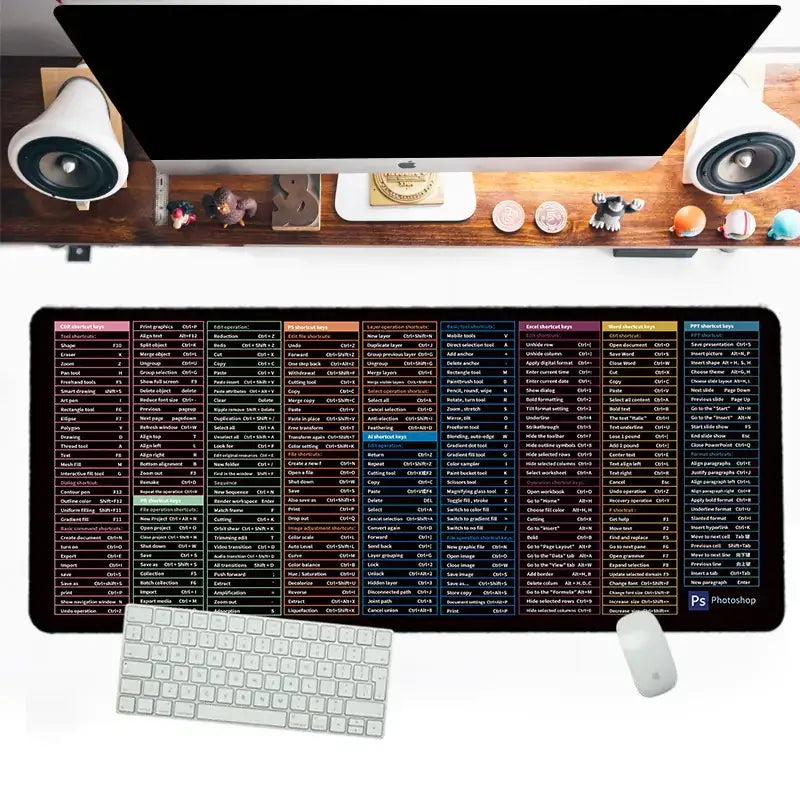 Black rectangular mousepad with colorful sections displaying photoshop keyboard shortcuts and key bindings.