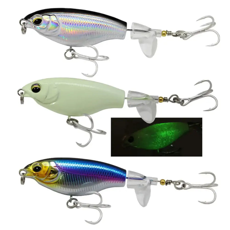 Three colorful, metallic minnow-style fishing lures with iridescent finishes and treble hooks.