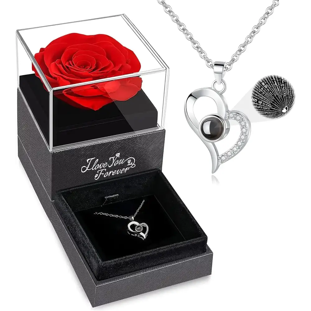 Silver heart-shaped pendant necklace with a black gemstone center and sparkling rhinestones along its curve, displayed in an elegant gift box alongside a preserved red rose.