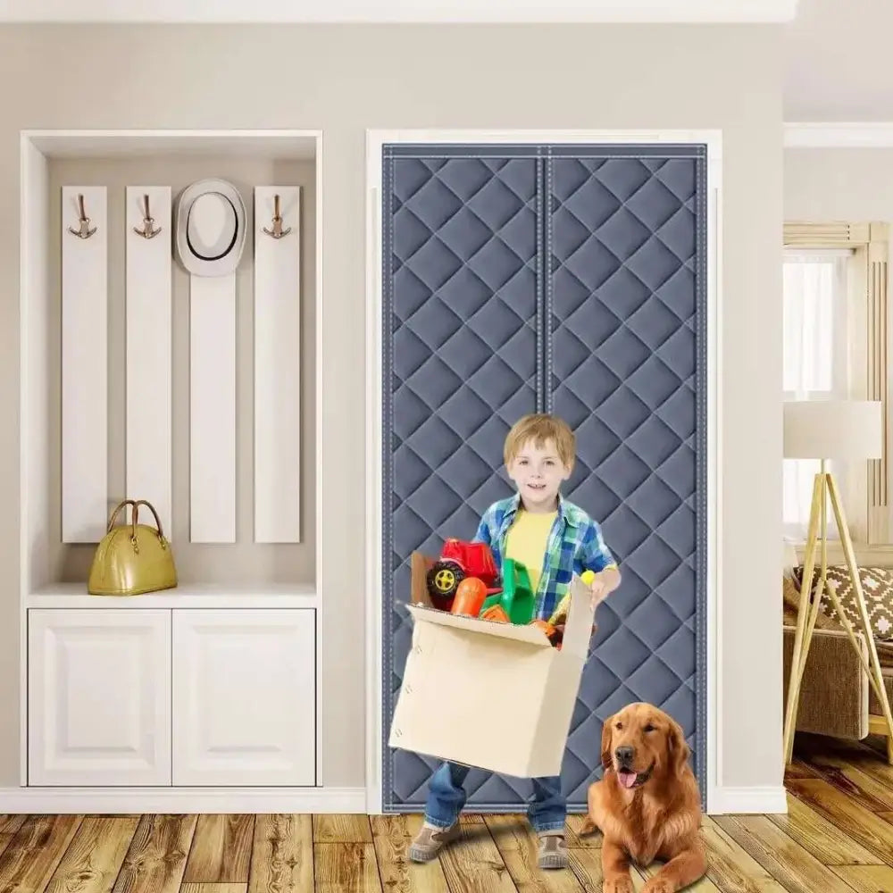 Blue quilted door mat with diamond stitching and faux leather texture.