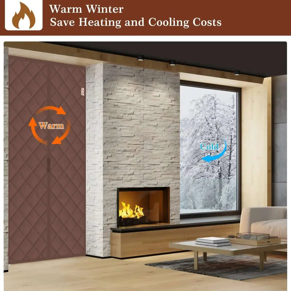 Brown quilted insulated door designed to retain warmth and reduce heating costs.