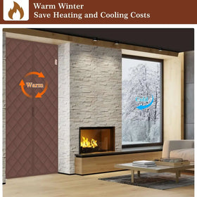 Brown quilted insulated door designed to retain warmth and reduce heating costs.