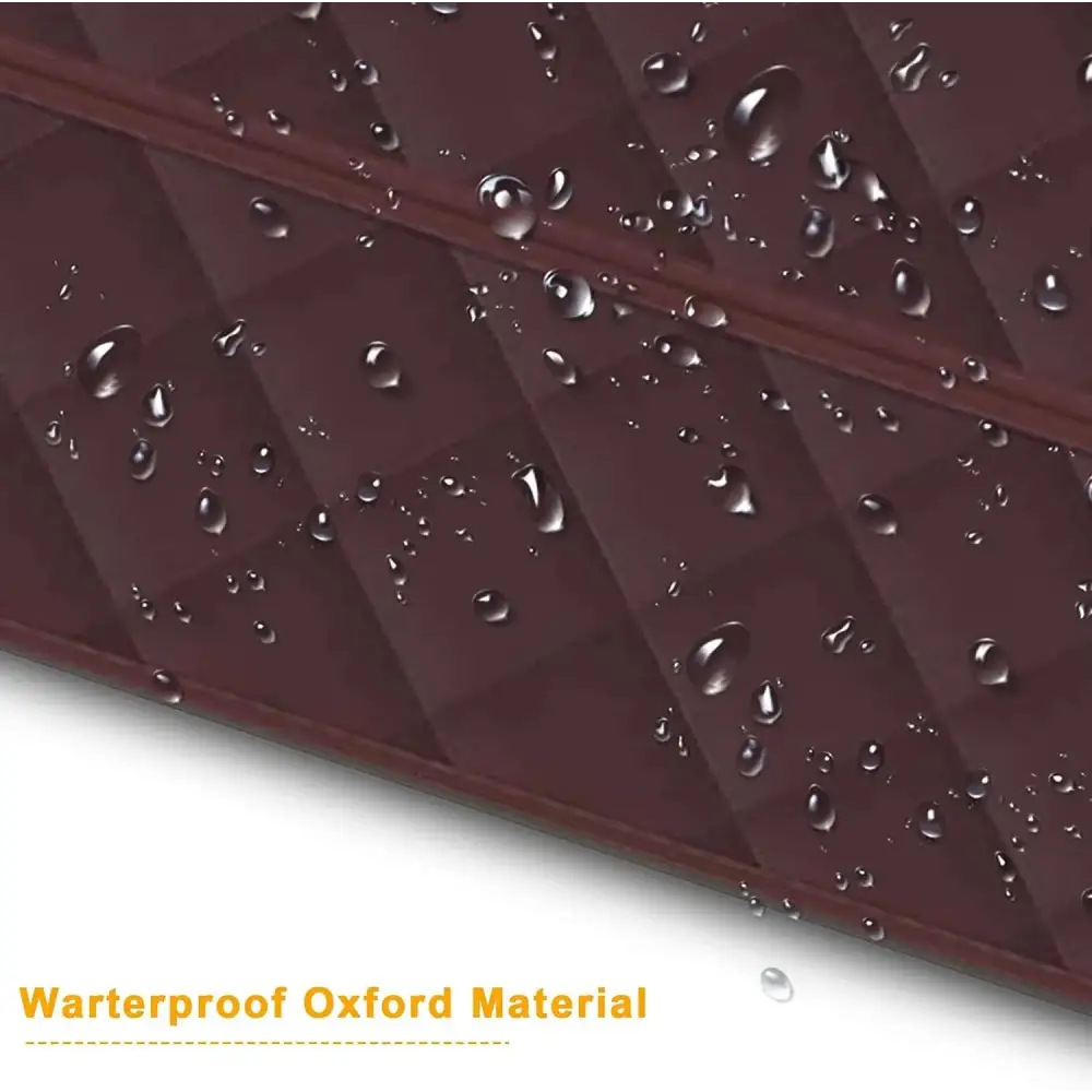 Dark brown waterproof oxford material with a quilted diamond pattern and visible water droplets.