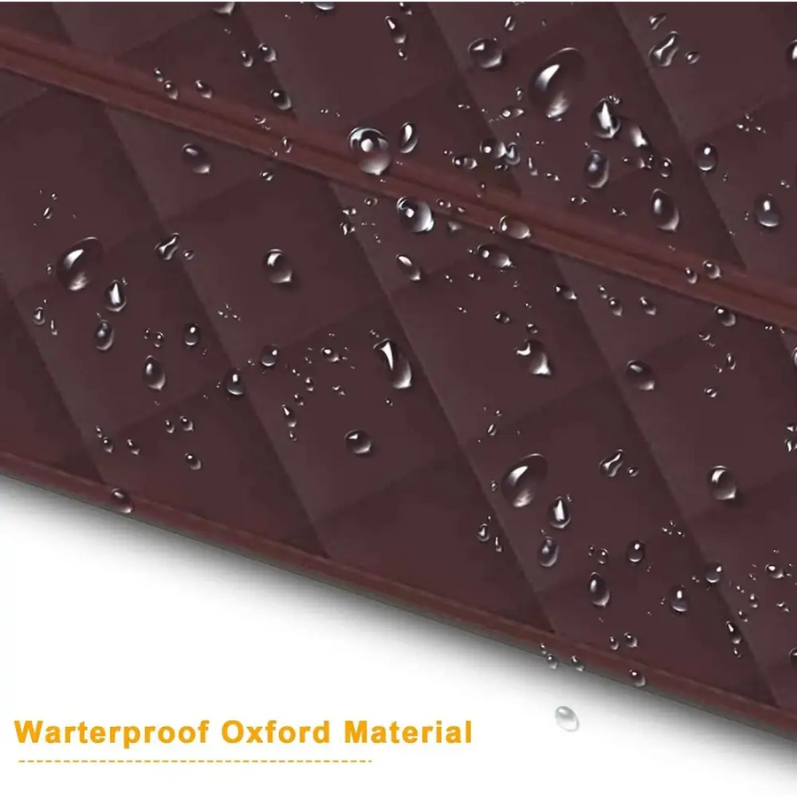 Dark brown waterproof oxford material with a quilted diamond pattern and visible water droplets.