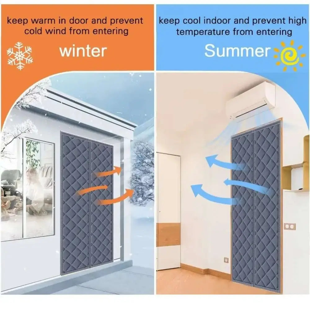 Quilted gray insulated door panels designed for year-round temperature regulation.