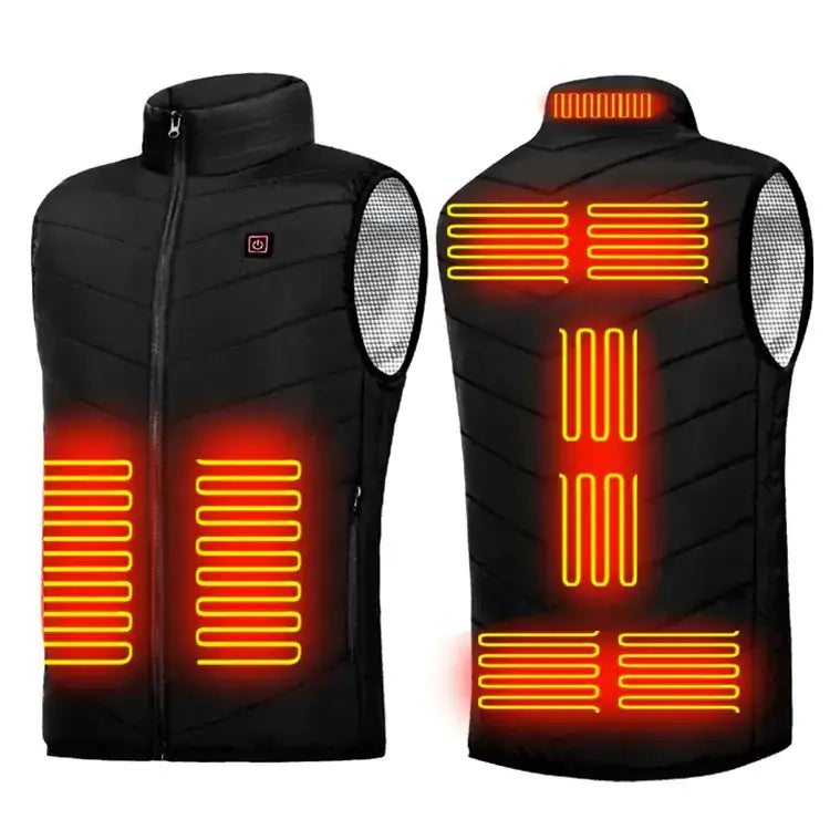 Black heated vest with glowing orange heating elements and silver mesh panels on the sides.