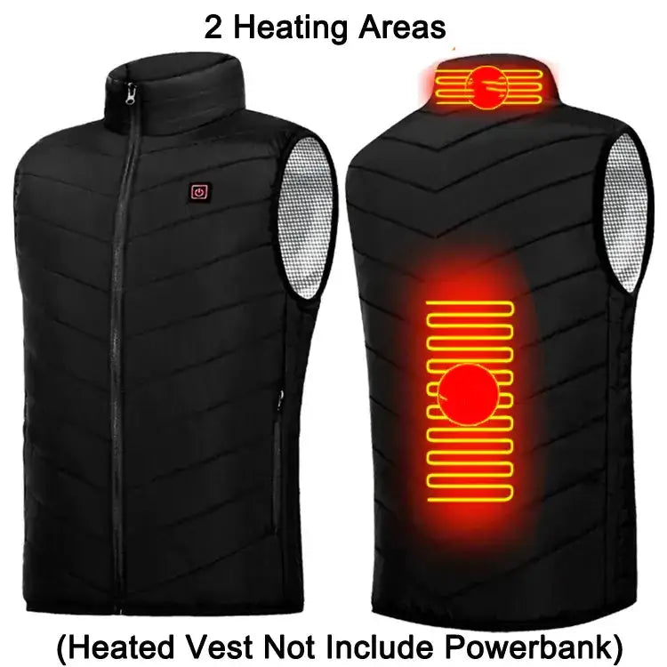 Black quilted heated vest with two heating areas highlighted by glowing orange lines on the back and neck, featuring a small power button on the chest.