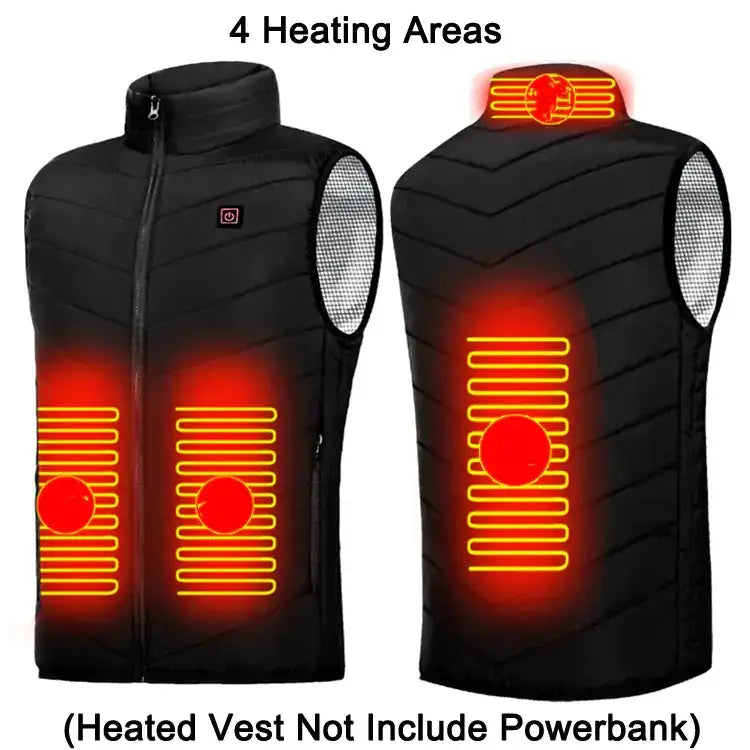 Black heated vest with four glowing orange heating zones and silver mesh panels on the sides.