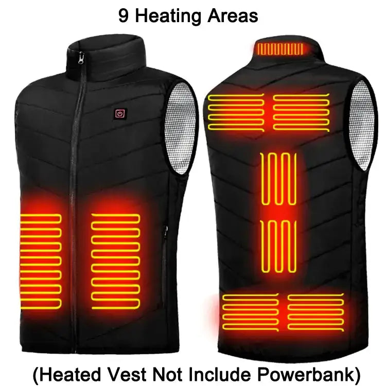 Black heated vest with nine glowing orange heating zones and silver mesh panels on the sides.