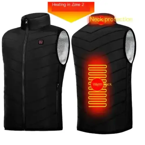 Black quilted heated vest with silver mesh panels and a red glowing heating element on the back.