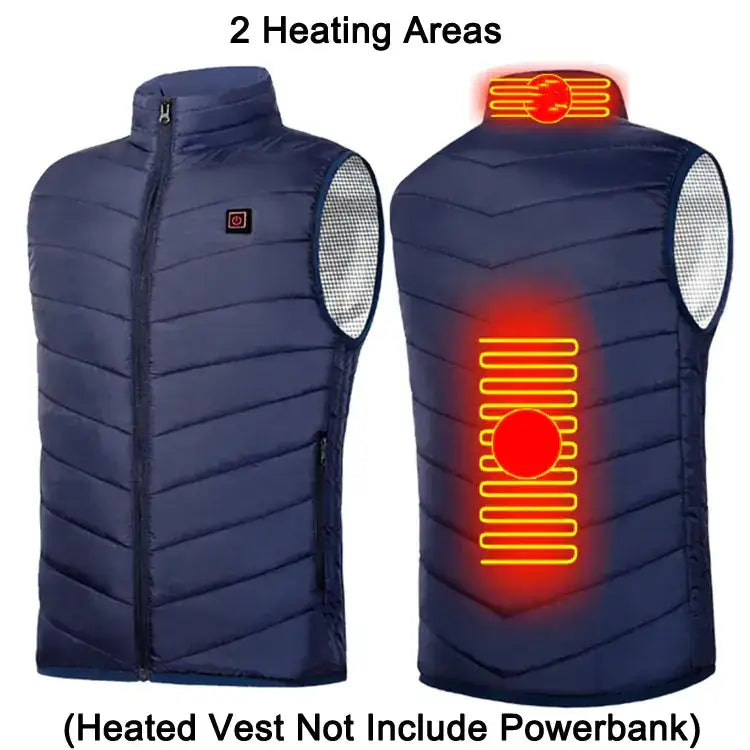 Navy blue quilted heated vest with two heating areas highlighted by glowing orange lines on the back and neck.